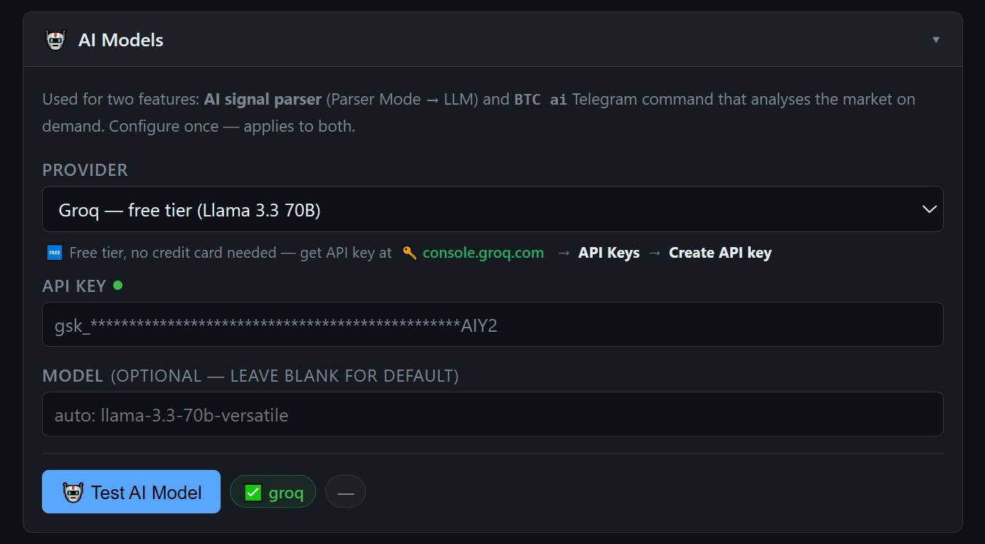Setup GUI — AI Models card with Groq configured and green test result