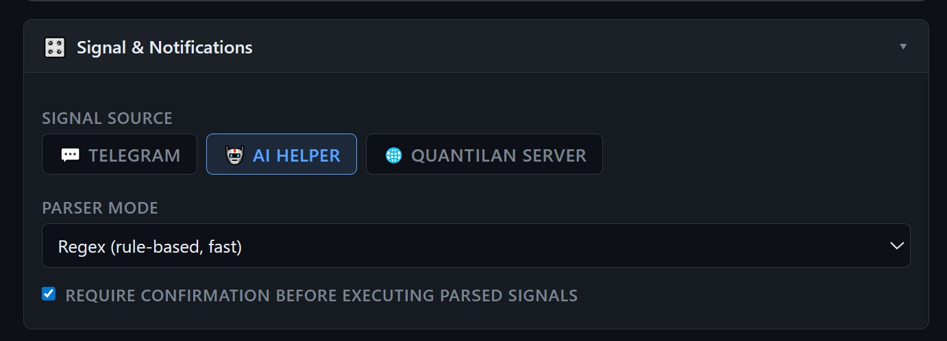 Setup GUI — Signal Source selector with AI Helper selected