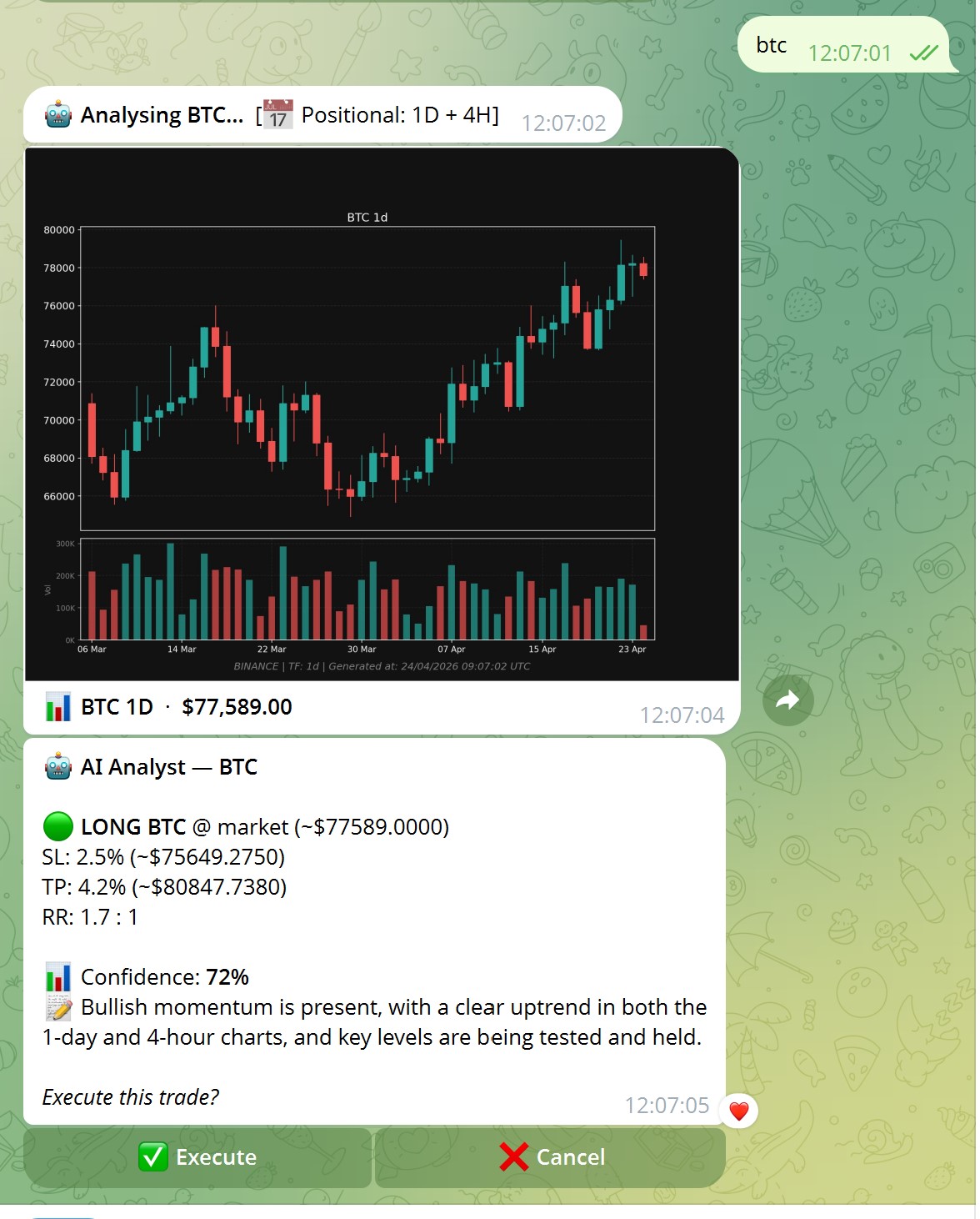 User types BTC — AI analysis result with recommendation