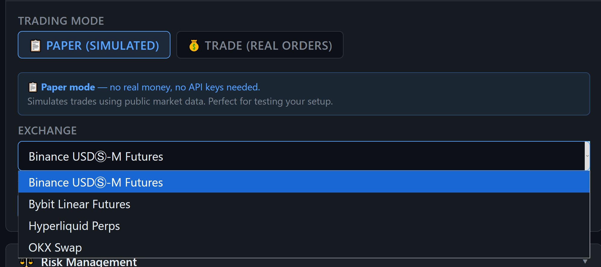 Exchange selection dropdown