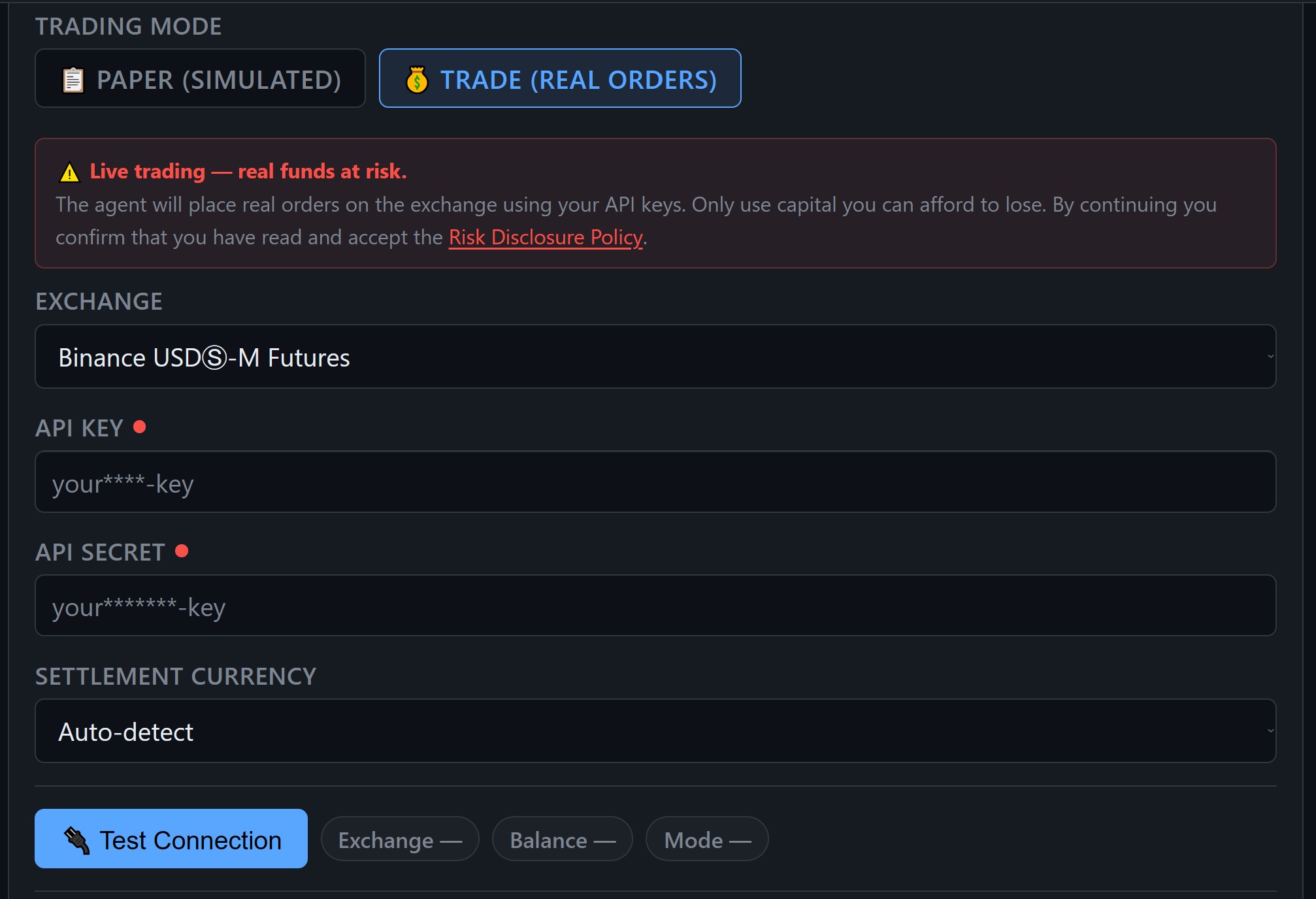 API key and secret fields for live trading