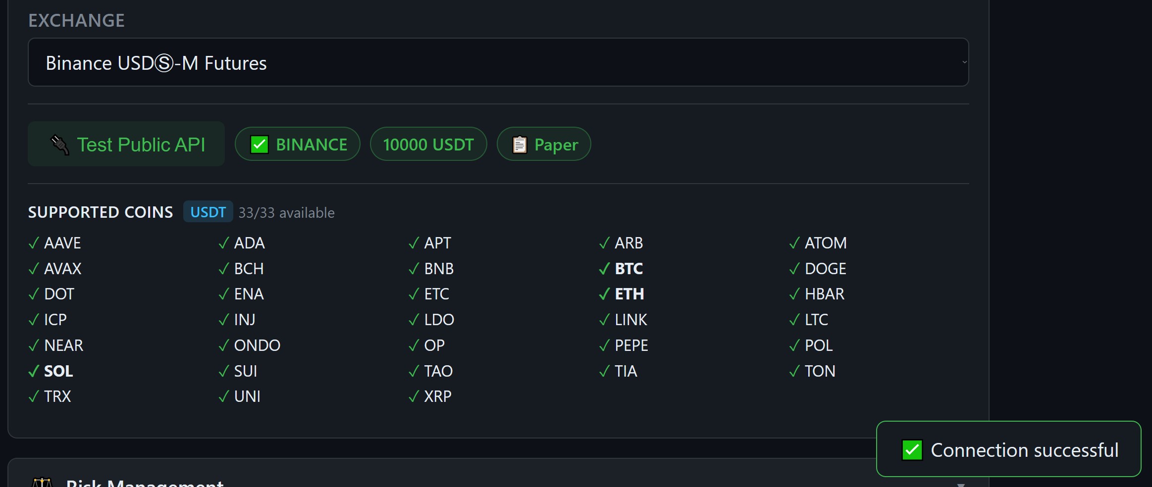 Connection test showing 33 supported coins and Connection successful