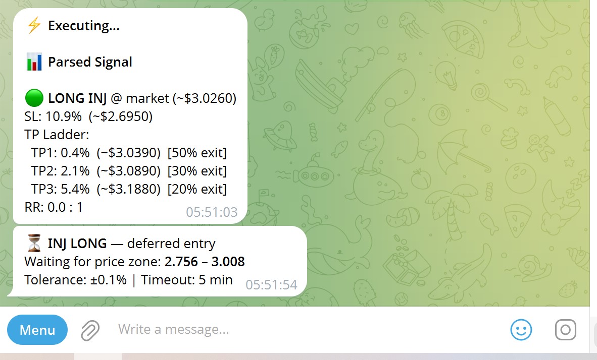 Parsed complex signal — LONG INJ with TP Ladder and deferred entry