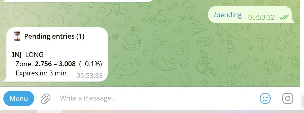 Pending entries — INJ LONG waiting in zone 2.756–3.008