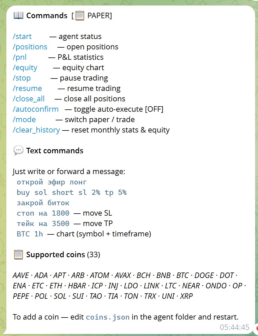 Full command list — slash commands and text commands